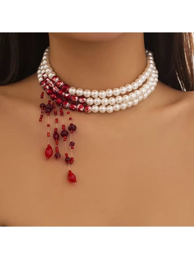 Halloween Gothic Unique Pearl And Red Bead Necklace